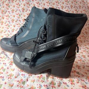 Black Converse Platform Heel Boot, Size 8 – High-top with strap, good condition.